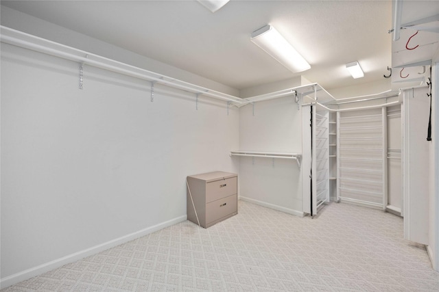 walk in closet with light carpet