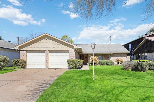 single story home with a front yard and a garage