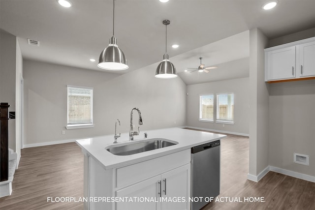 kitchen featuring a kitchen island with sink, decorative light fixtures, sink, dishwasher, and white cabinets