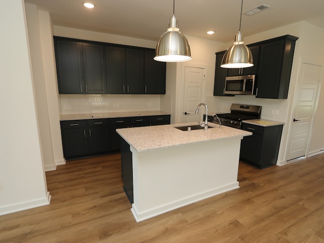 22435 Birchfield Grove Ln, New Caney, TX 77357 - kitchen with stainless steel appliances, light wood-style flooring, tasteful backsplash, pendant lighting, and recessed lighting