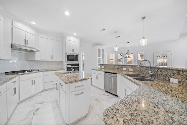 kitchen with an island with sink, under cabinet range hood, appliances with stainless steel finishes, and a sink