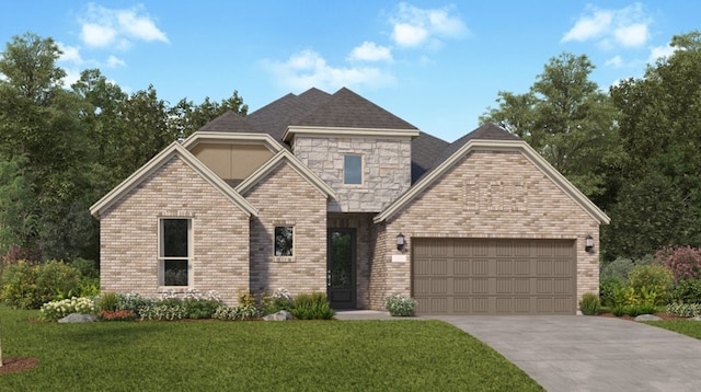 craftsman house with a garage, concrete driveway, stone siding, a front lawn, and brick siding