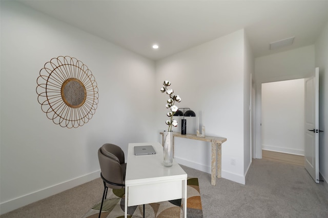 office area with baseboards, carpet, and recessed lighting