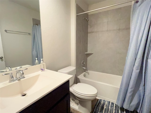 full bathroom with toilet, shower / bath combination with curtain, and vanity