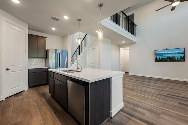 kitchen featuring a center island with sink, stainless steel appliances, sink, dark hardwood / wood-style floors, and pendant lighting