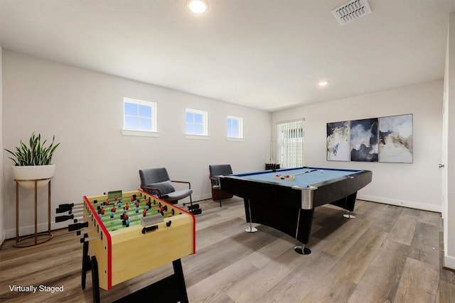 rec room with light wood-type flooring and billiards