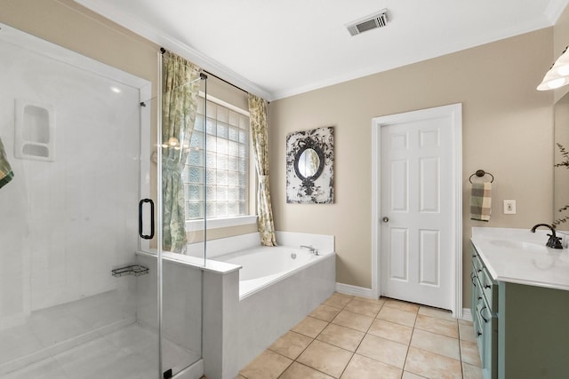 bathroom featuring separate shower and tub, ornamental molding, vanity, and tile patterned flooring