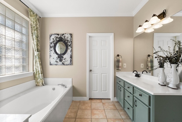 bathroom featuring ornamental molding, vanity, tile patterned floors, and a tub to relax in