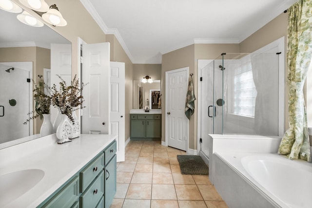 bathroom with crown molding, plus walk in shower, tile patterned flooring, and vanity