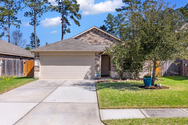 ranch-style home featuring brick siding, concrete driveway, an attached garage, a front yard, and fence