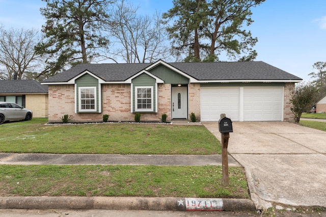 ranch-style home featuring a front lawn and a garage