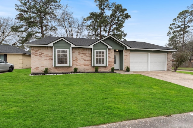 ranch-style home featuring brick siding, roof with shingles, a garage, driveway, and a front lawn