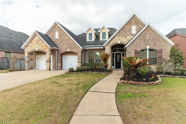 view of front of house with brick siding, a front yard, driveway, and fence