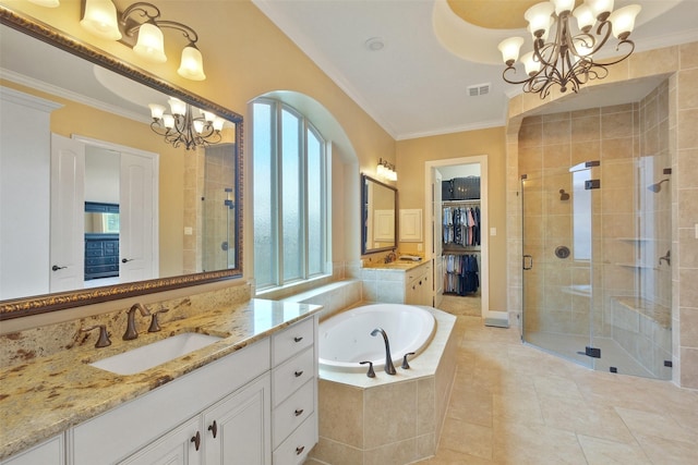 bathroom with a notable chandelier, plenty of natural light, shower with separate bathtub, and crown molding