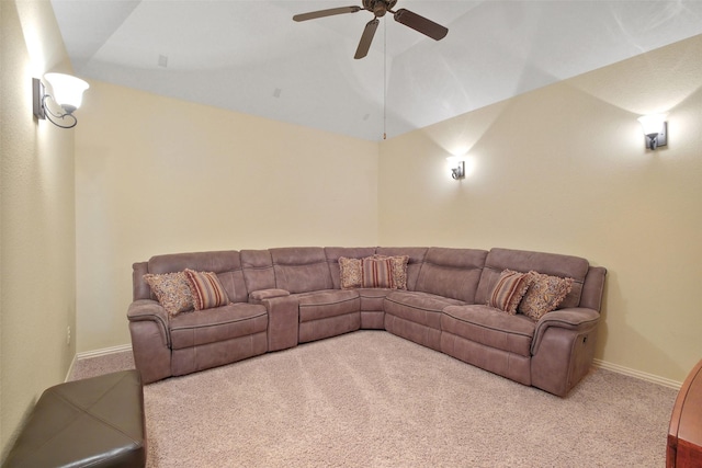 living room with carpet, vaulted ceiling, and ceiling fan