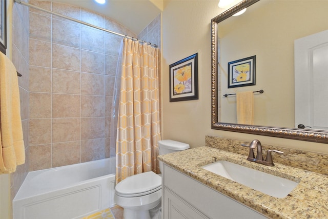 full bathroom featuring toilet, vanity, and shower / bath combination with curtain