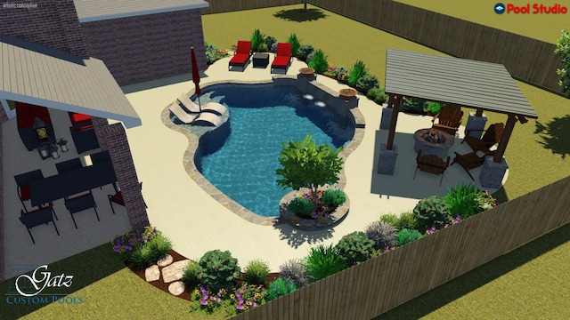 view of swimming pool with a fire pit, a gazebo, and a patio area