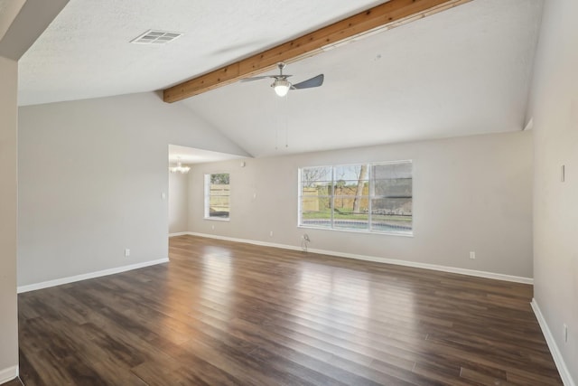 unfurnished room featuring visible vents, baseboards, ceiling fan with notable chandelier, dark wood-type flooring, and vaulted ceiling with beams