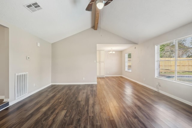 3212 Wavecrest St, League City, TX 77573 - unfurnished living room featuring dark wood-type flooring, a chandelier, a ceiling fan, and baseboards