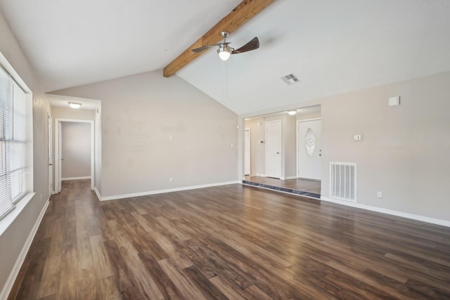 unfurnished living room with visible vents, ceiling fan, lofted ceiling with beams, and dark wood-style floors