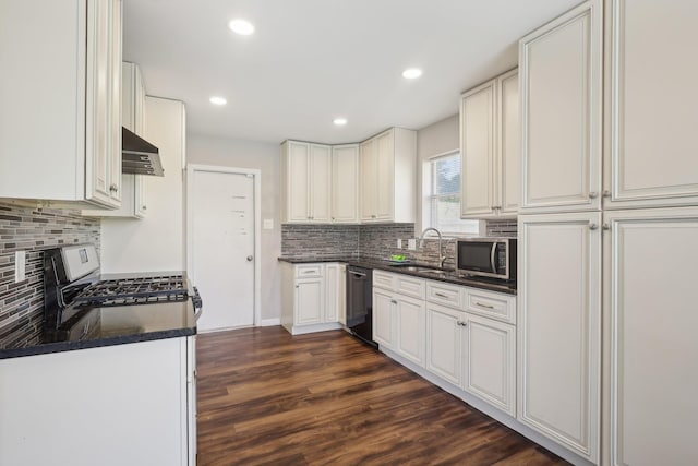 kitchen featuring black dishwasher, under cabinet range hood, stainless steel microwave, a sink, and backsplash