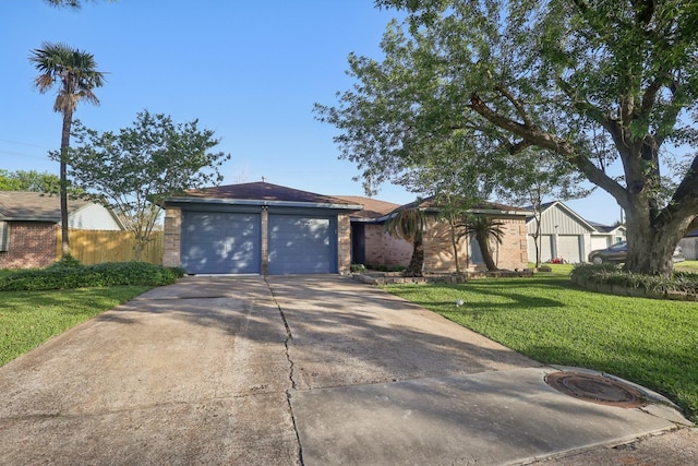 single story home featuring brick siding, a front lawn, fence, and concrete driveway