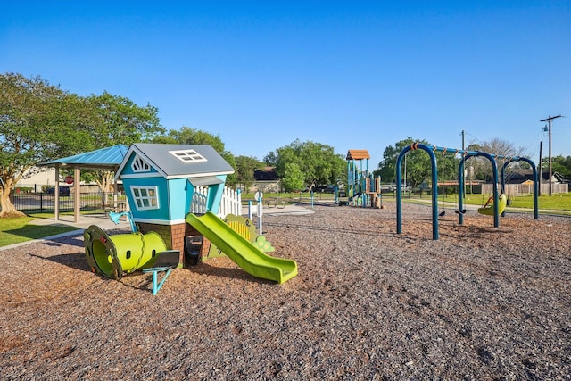 community jungle gym with fence