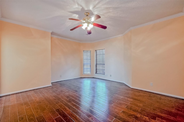 spare room featuring hardwood / wood-style floors, a textured ceiling, ceiling fan, and ornamental molding