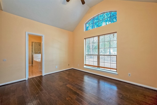 unfurnished room featuring ceiling fan, lofted ceiling, a healthy amount of sunlight, and wood-type flooring