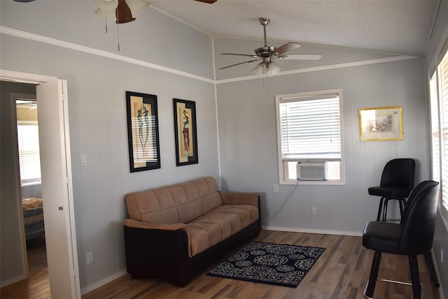 living room featuring ceiling fan, cooling unit, vaulted ceiling, and dark hardwood / wood-style floors