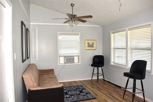 sitting room featuring cooling unit, ceiling fan, vaulted ceiling, and dark hardwood / wood-style flooring