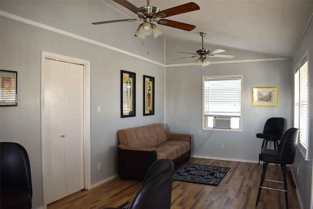 home office with dark wood-type flooring, vaulted ceiling, cooling unit, and a wealth of natural light