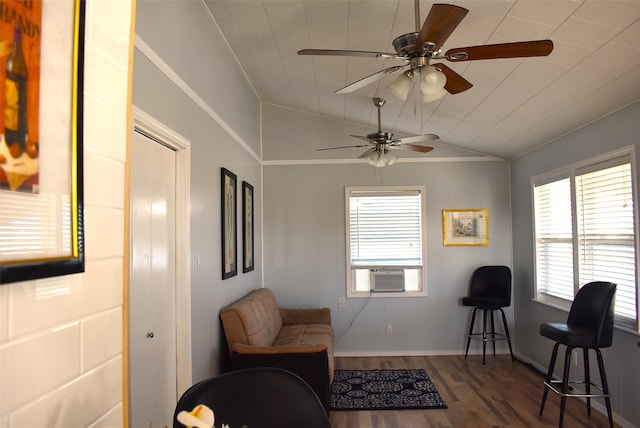 living area with cooling unit, lofted ceiling, ceiling fan, and dark hardwood / wood-style floors