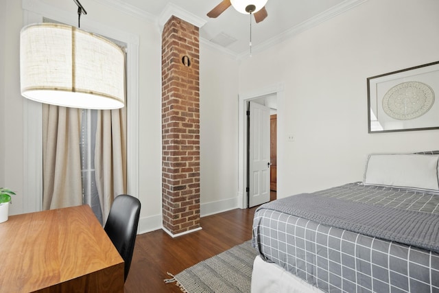 bedroom featuring a ceiling fan, baseboards, ornamental molding, and wood finished floors