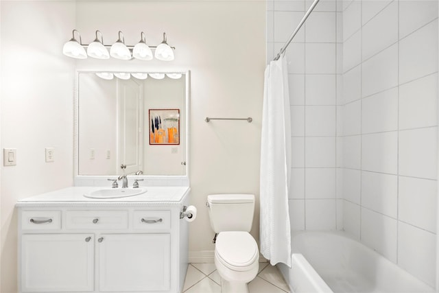 bathroom featuring tile patterned flooring, toilet, vanity, and shower / bathtub combination with curtain