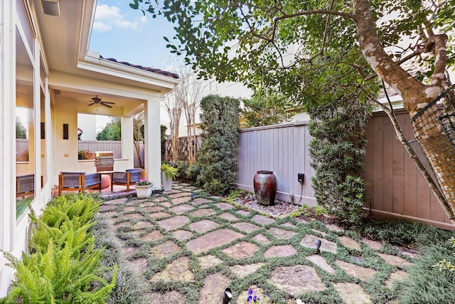 view of patio featuring ceiling fan and a fenced backyard