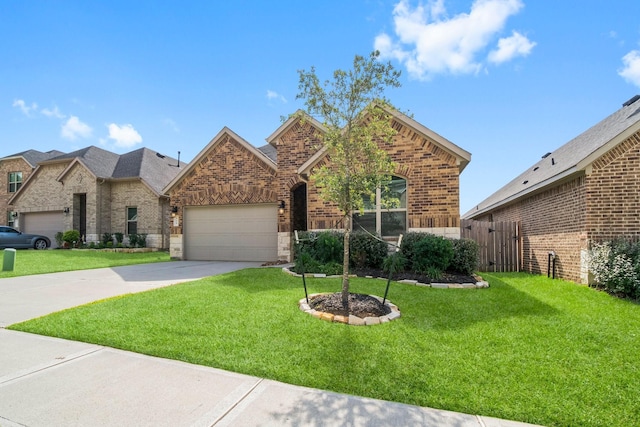 view of front of home with driveway, a garage, a front yard, and brick siding