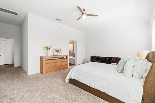 bedroom featuring a ceiling fan, visible vents, vaulted ceiling, and carpet flooring