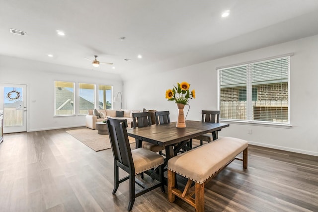 dining space with recessed lighting, visible vents, and wood finished floors