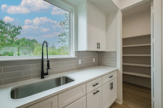 kitchen featuring tasteful backsplash, light countertops, white cabinetry, a sink, and wood finished floors