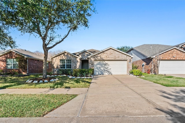 ranch-style home with stone siding, driveway, an attached garage, and a front yard