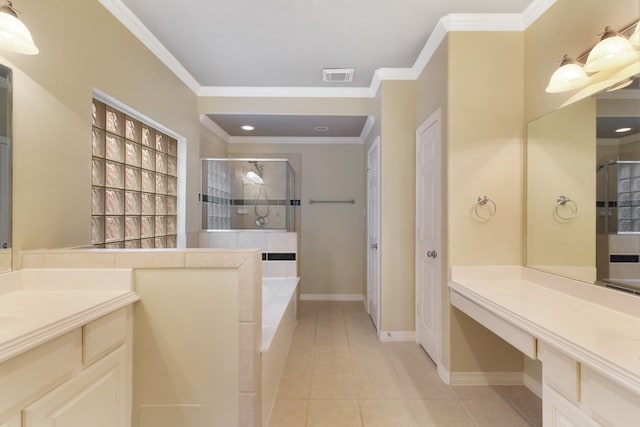 full bath featuring ornamental molding, tile patterned flooring, visible vents, and a shower stall