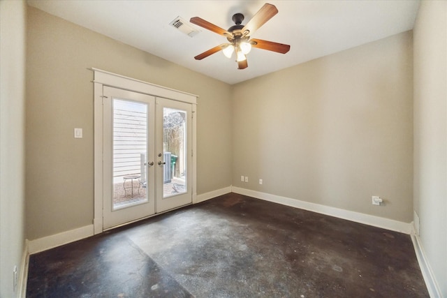 doorway to outside featuring french doors and ceiling fan