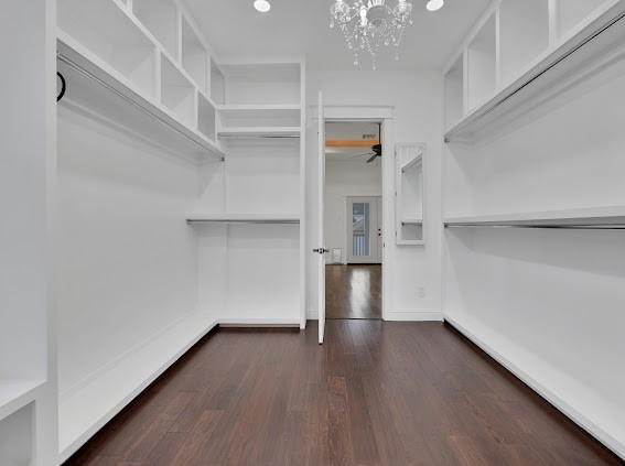 spacious closet featuring a notable chandelier and dark hardwood / wood-style floors