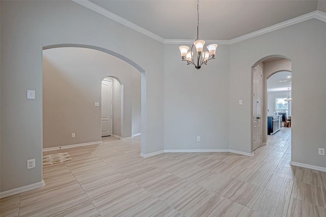 unfurnished room featuring crown molding, a notable chandelier, and light tile patterned floors