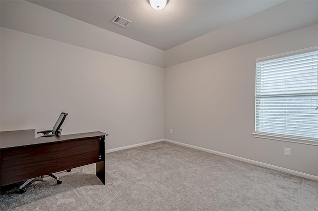 home office featuring light carpet