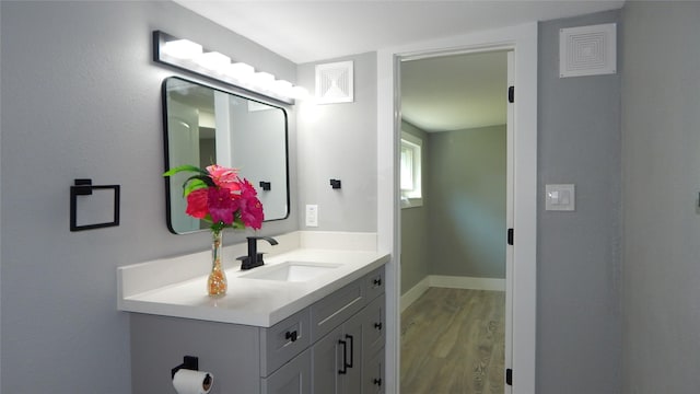 bathroom with hardwood / wood-style flooring and vanity