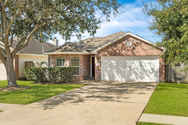 ranch-style home with brick siding, concrete driveway, roof with shingles, an attached garage, and a front yard