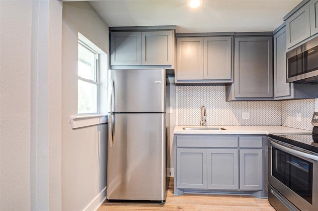kitchen with light wood-type flooring, sink, gray cabinets, tasteful backsplash, and appliances with stainless steel finishes