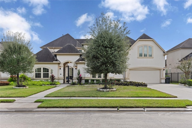 french country home with a front yard, driveway, an attached garage, and stucco siding